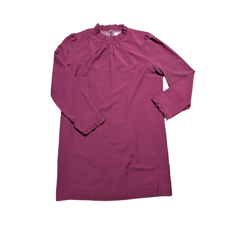 J.Crew Women 14 Shift Dress Ruffle Neck Long Sleeve Crepe Plum Purple Mini